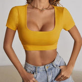 Square neck low cut short sleeve solid crop top