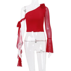 Long flared sleeve one shoulder mesh flower applique backless top