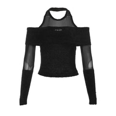 Fluffy metal tag mesh patchwork halter long sleeve top