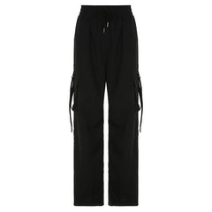 Drawstring solid cargo pocket wide leg pant