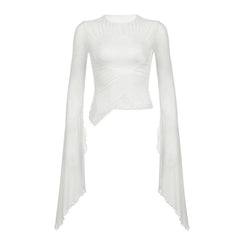 Flared sleeve heart patchwork ruched mesh solid top