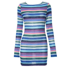 Long sleeve crewneck knitted backless striped self tie mini dress