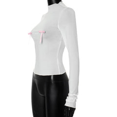 Bowknot contrast high neck long sleeve ruffle top