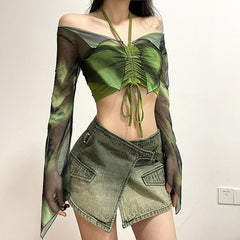 Halter drawstring mesh flared sleeve tie dye 2 piece crop top