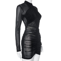 Ruched long sleeve cross front sheer mesh see through mini dress