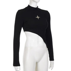 Star applique high neck long sleeve irregular ribbed crop top
