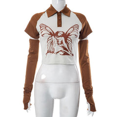 Turnover collar short sleeve button gloves contrast patchwork crop top