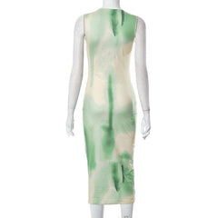 Tie dye sleeveless contrast crewneck midi dress