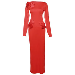 Bowknot backless hollow out solid long sleeve maxi dress