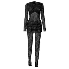 Long sleeve ruched lace zip-up see through 2 piece jumpsuit