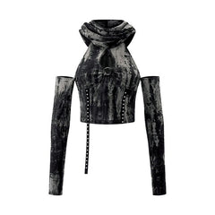 Tie dye hoodie off shoulder long sleeve irregular crop top