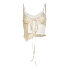Lace v neck irregular patchwork contrast cami crop top