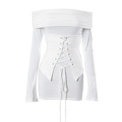 Lace up long sleeve off shoulder ruched solid mini dress