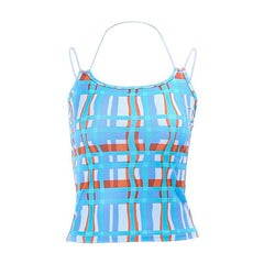 Plaid contrast halter self tie backless crop top