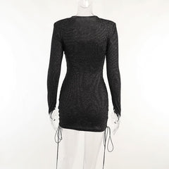 Long sleeve hollow out lace up gloves textured mini dress - Final Sale