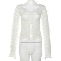 Knitted long sleeve slit v neck see through crop top