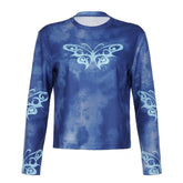 Butterfly pattern long sleeve tie dye crewneck top