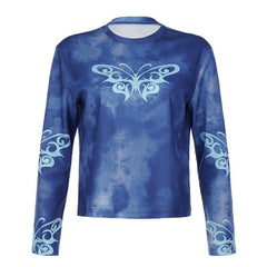 Butterfly pattern long sleeve tie dye crewneck top