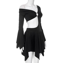 Long flared sleeve irregular solid ruffle o ring hollow out mini dress