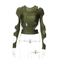 Long sleeve solid hollow out irregular crop top