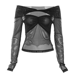 Mesh off shoulder hollow out long sleeve sheer mesh see through top