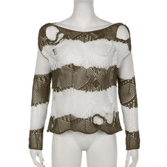 Crochet striped hollow out long sleeve top
