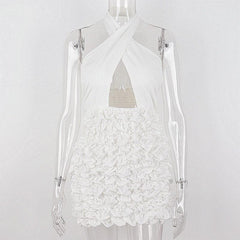 Textured smocked cross front halter ruched hollow out mini dress