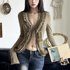 Fluffy patchwork ruffle self tie long sleeve crop top