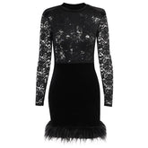 Lace solid see through long sleeve furry mini dress
