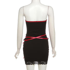 Lace up contrast lace hem bowknot backless tube mini dress