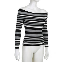 Striped contrast off shoulder long sleeve knitted top