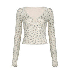 PRE ORDER - Flower print contrast long sleeve v neck lace hem top