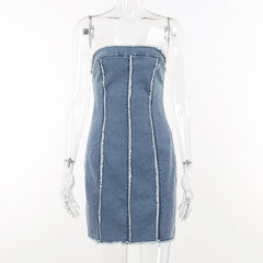 Raw hem zip-up backless contrast denim tube mini dress
