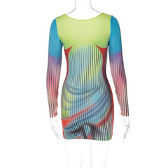 Long sleeve u neck contrast body print mini dress