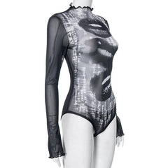 Lip prints sheer mesh see through ruffle high neck bodysuit