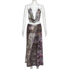 Flower print contrast cowl neck ruched cross back backless midi skirt set
