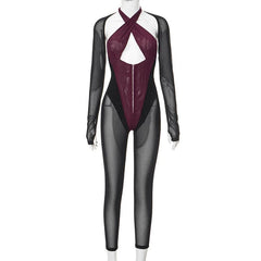 Long sleeve button halter cross front shrug mesh backless 2 piece jumpsuit