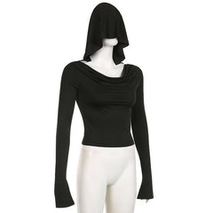 Cowl neck solid long flared sleeve hoodie 2-way top