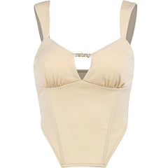 Sleeveless solid metal tag notch neck backless crop top