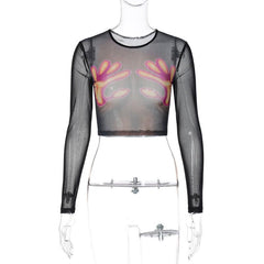 Long sleeve thermal palm print sheer mesh see through crop top