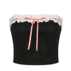 PRE ORDER - Contrast stitch lace hem self tie backless tube crop top