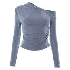 Solid off shoulder long sleeve irregular ruched top