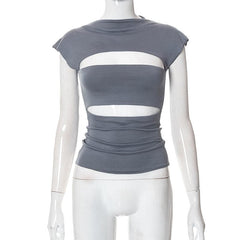 Cap sleeve solid crewneck hollow out top