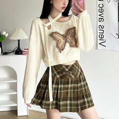 Butterfly embroidery irregular long sleeve contrast top