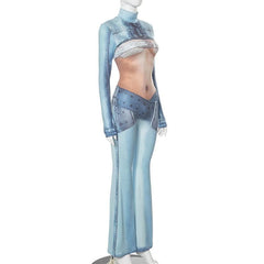 Long sleeve high neck body print zip-up contrast jumpsuit