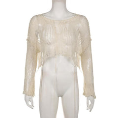 Crochet long sleeve solid hollow out round neck crop top