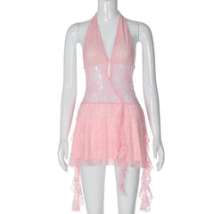 PRE ORDER - Halter v neck backless lace self tie hollow out mini dress