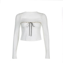 Square neck contrast long sleeve stitch bowknot crop top