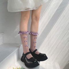 Lace hollow out bowknot satin ruffle long socks