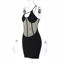 Mesh patchwork hollow out corset one shoulder irregular backless mini dress